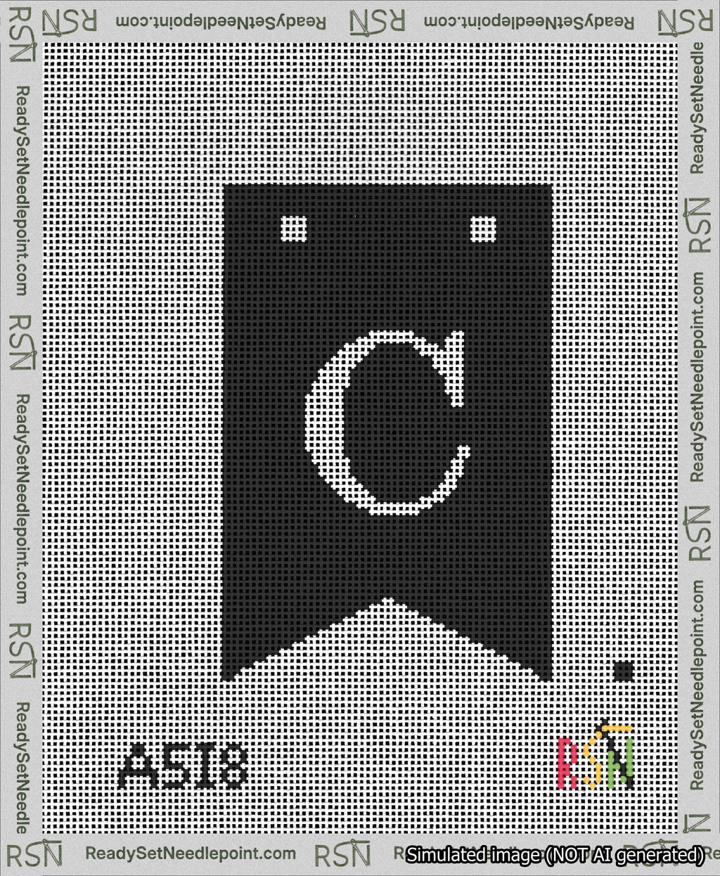 A taped needlepoint canvas with the design: Banner 13 mesh count Forked C White on Black.