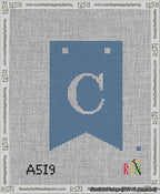 A taped needlepoint canvas with the design: Banner 13 mesh count Forked C White on Blue.
