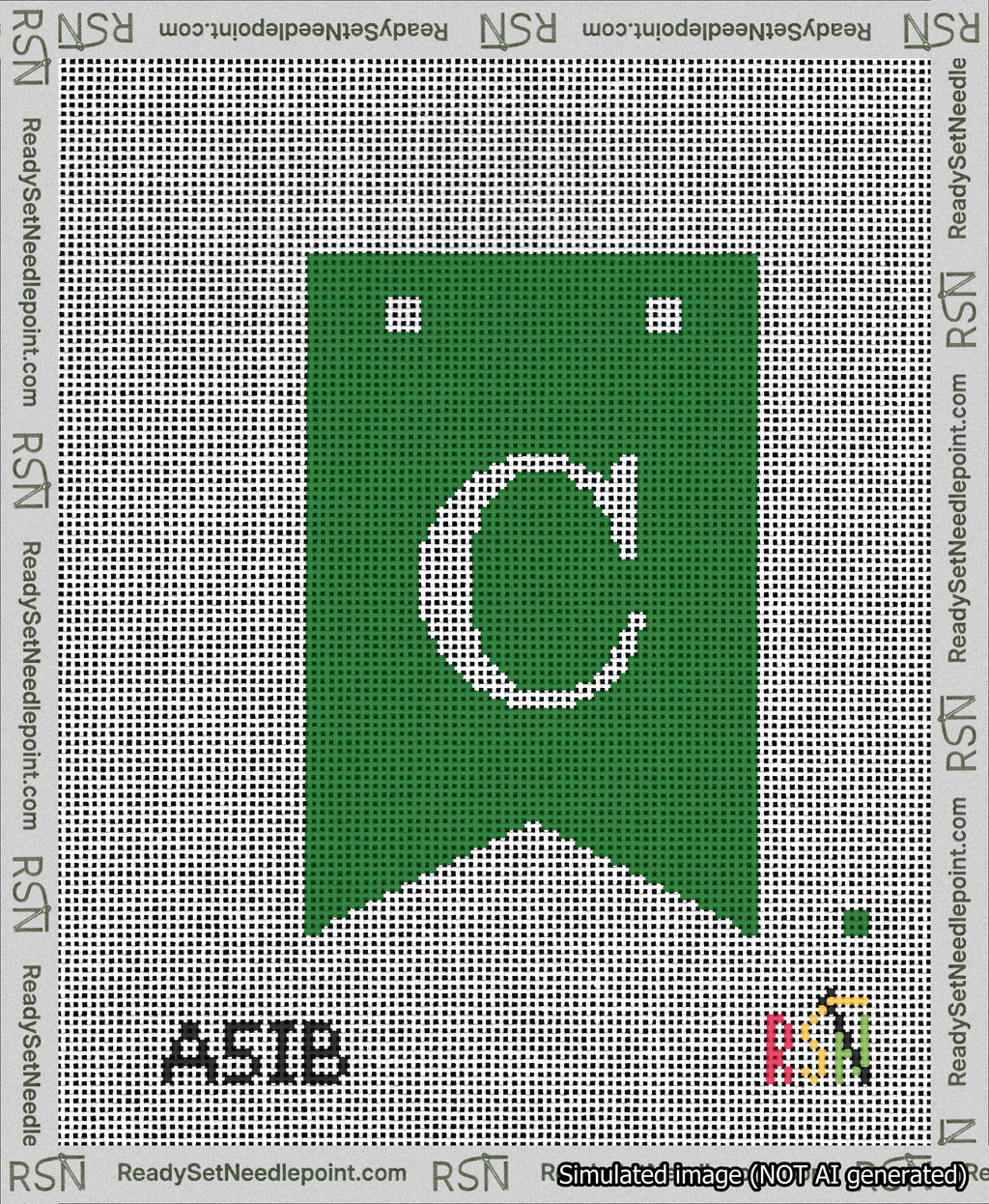 A taped needlepoint canvas with the design: Banner 13 mesh count Forked C White on Green.