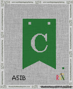 A taped needlepoint canvas with the design: Banner 13 mesh count Forked C White on Green.
