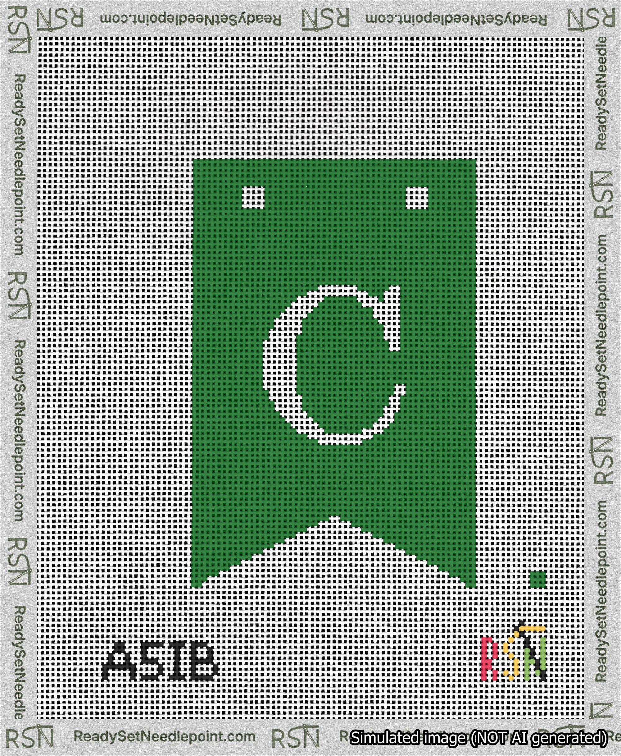 A taped needlepoint canvas with the design: Banner 13 mesh count Forked C White on Green.
