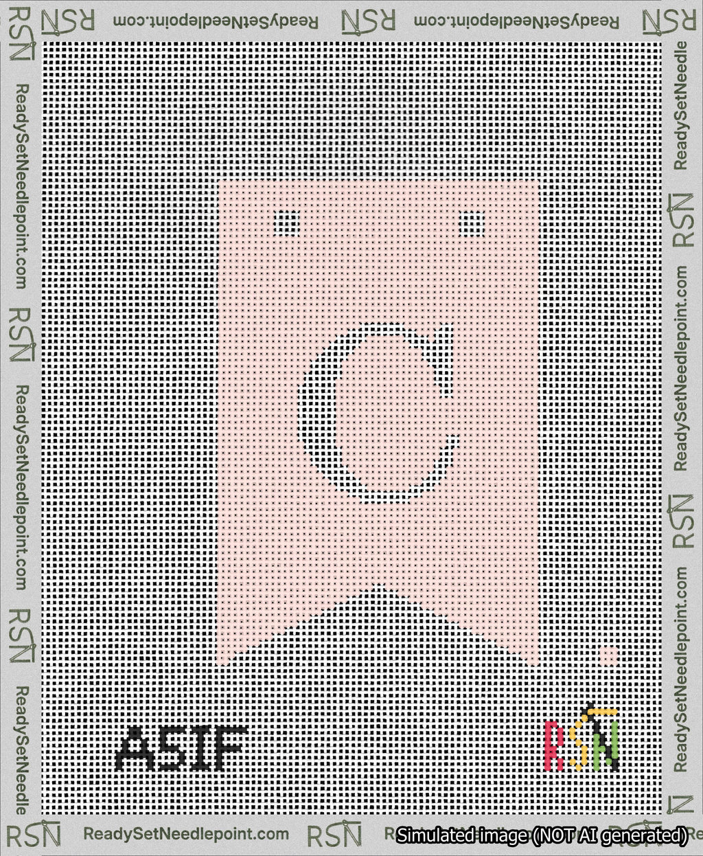 A taped needlepoint canvas with the design: Banner 13 mesh count Forked C White on Pink.