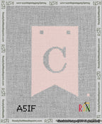 A taped needlepoint canvas with the design: Banner 13 mesh count Forked C White on Pink.