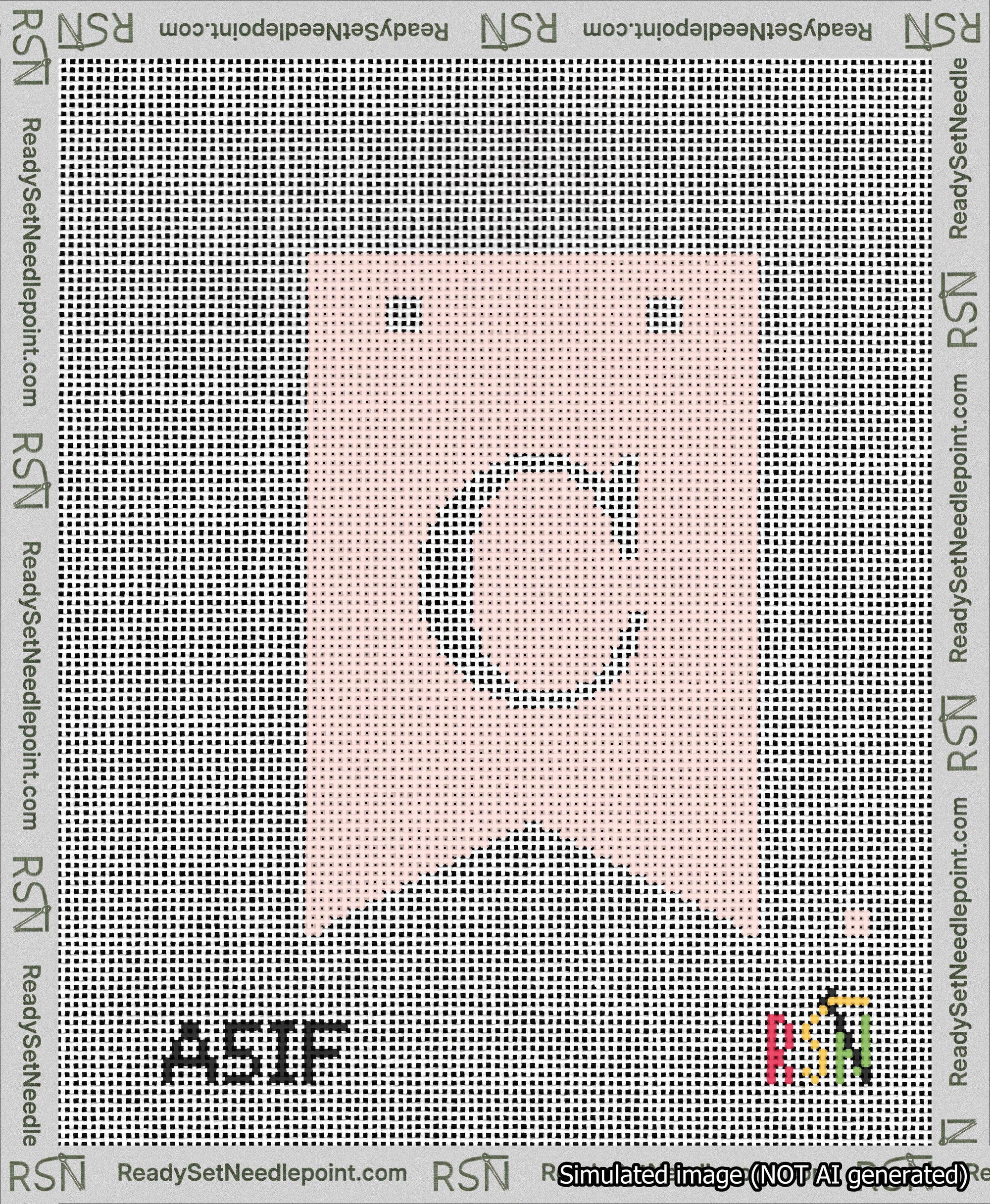 A taped needlepoint canvas with the design: Banner 13 mesh count Forked C White on Pink.