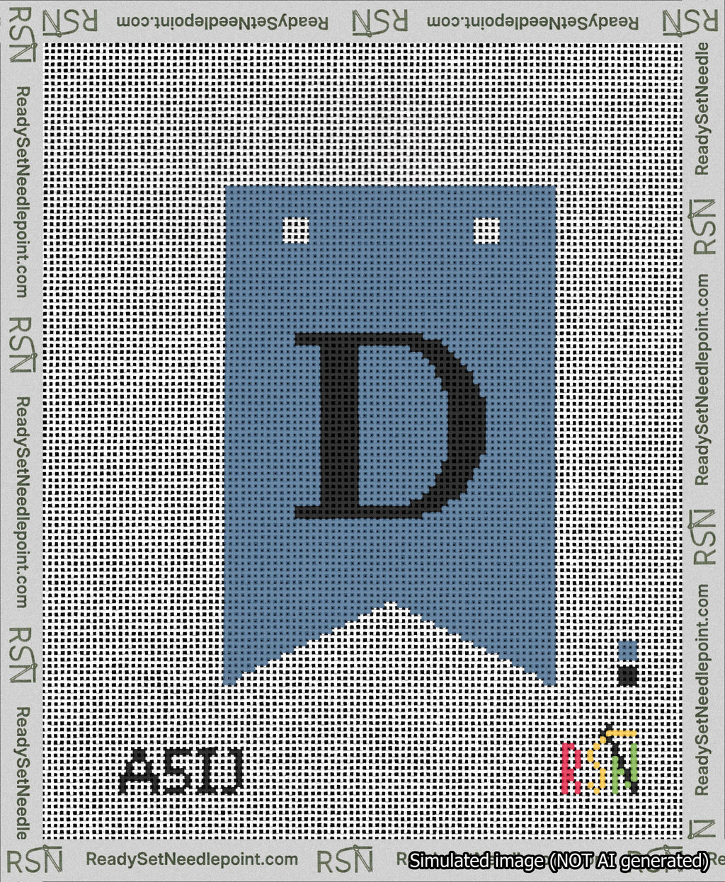A taped needlepoint canvas with the design: Banner 13 mesh count Forked D Black on Blue.