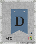 A taped needlepoint canvas with the design: Banner 13 mesh count Forked D Black on Blue.