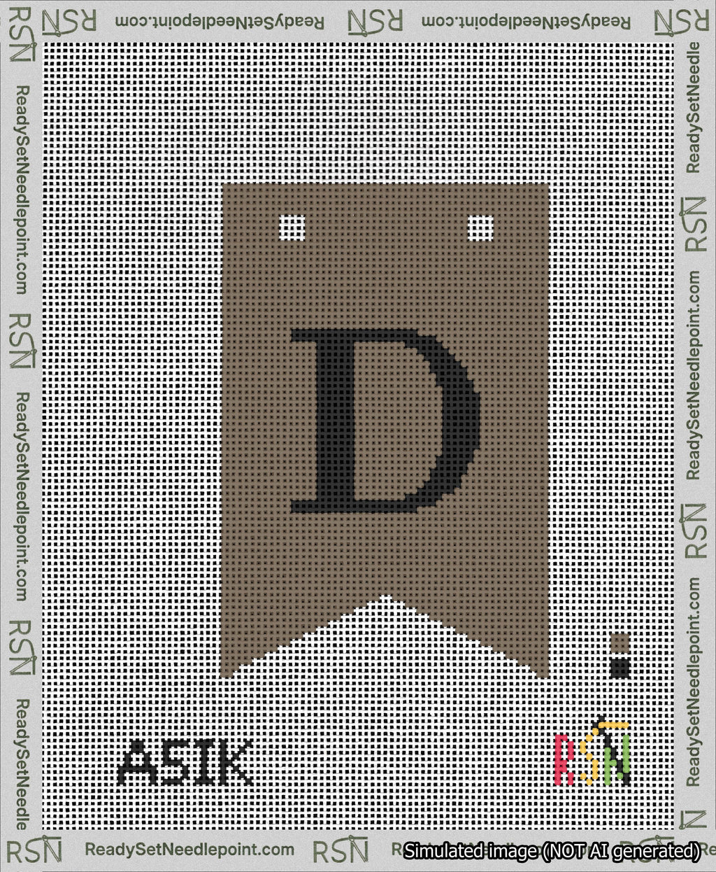 A taped needlepoint canvas with the design: Banner 13 mesh count Forked D Black on Brown.