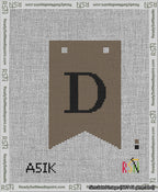 A taped needlepoint canvas with the design: Banner 13 mesh count Forked D Black on Brown.