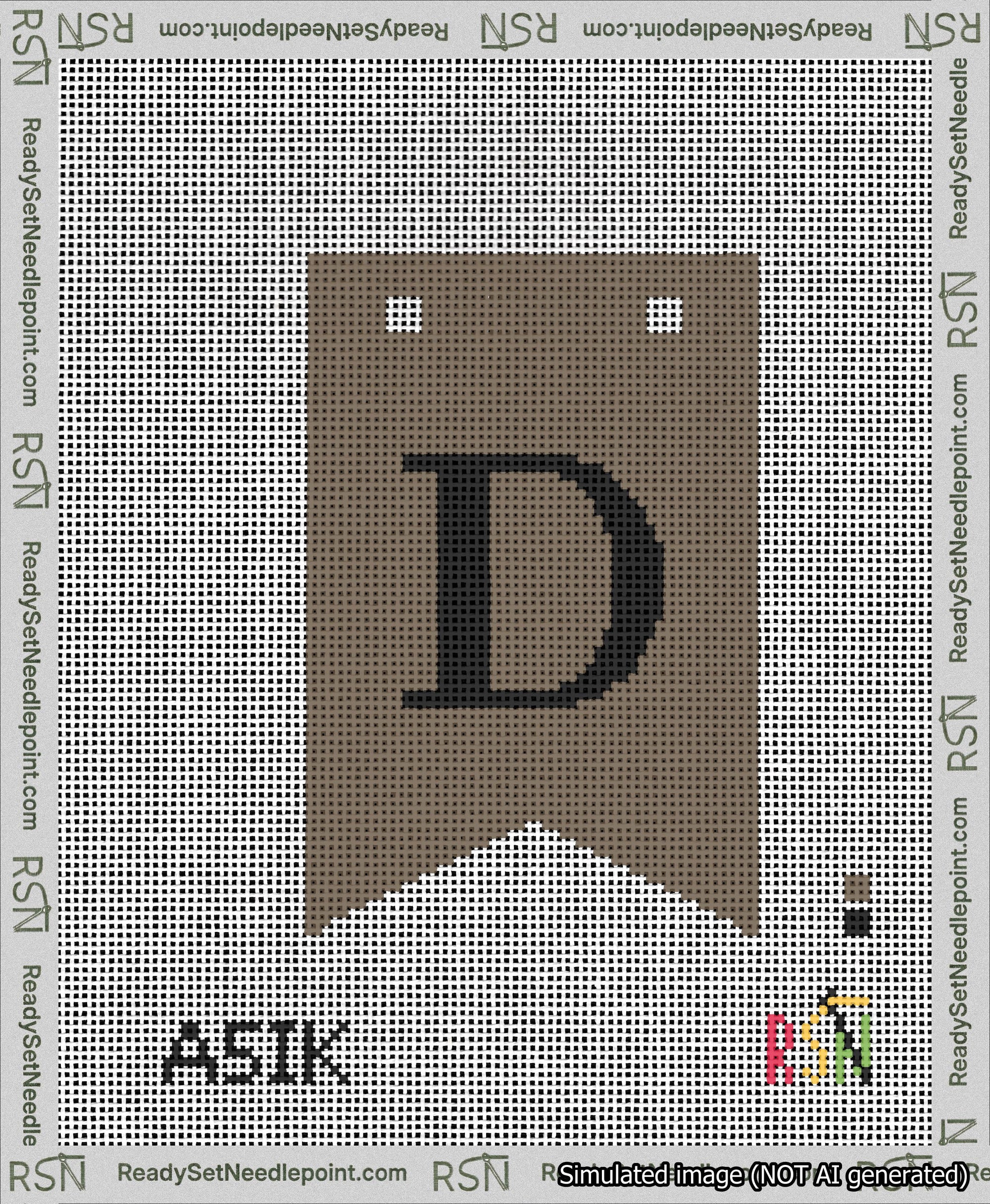 A taped needlepoint canvas with the design: Banner 13 mesh count Forked D Black on Brown.