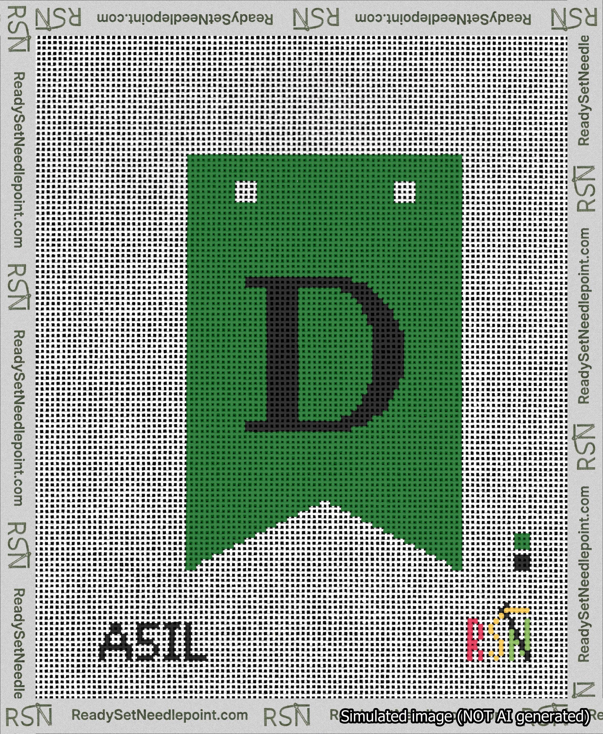 A taped needlepoint canvas with the design: Banner 13 mesh count Forked D Black on Green.