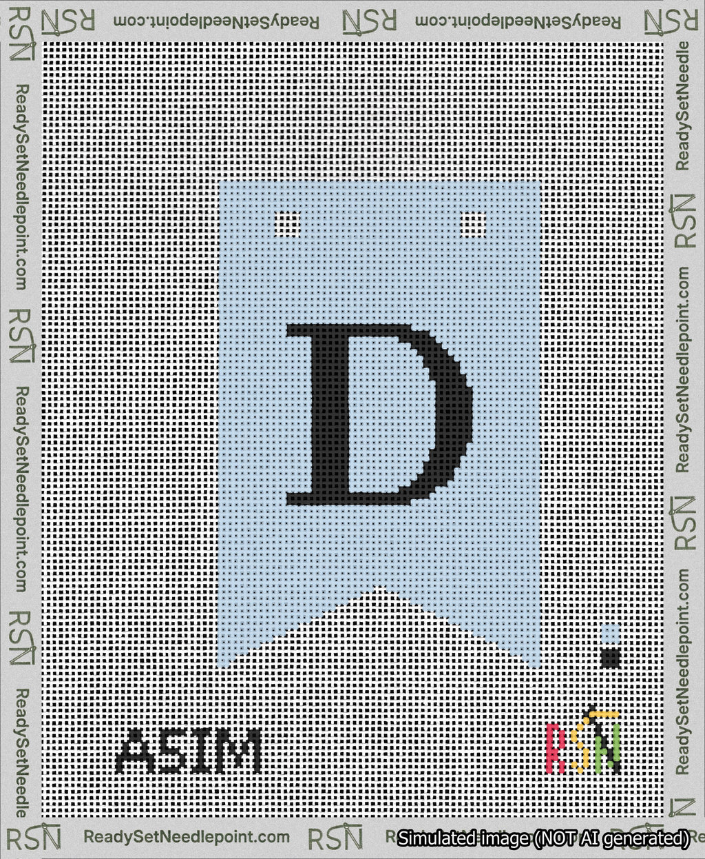 A taped needlepoint canvas with the design: Banner 13 mesh count Forked D Black on Light Blue.