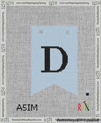 A taped needlepoint canvas with the design: Banner 13 mesh count Forked D Black on Light Blue.