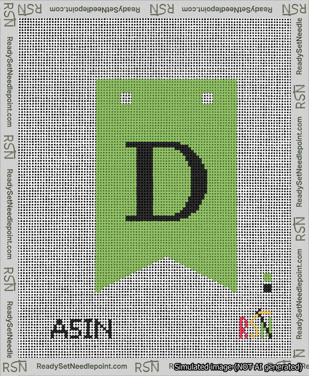A taped needlepoint canvas with the design: Banner 13 mesh count Forked D Black on Light Green.