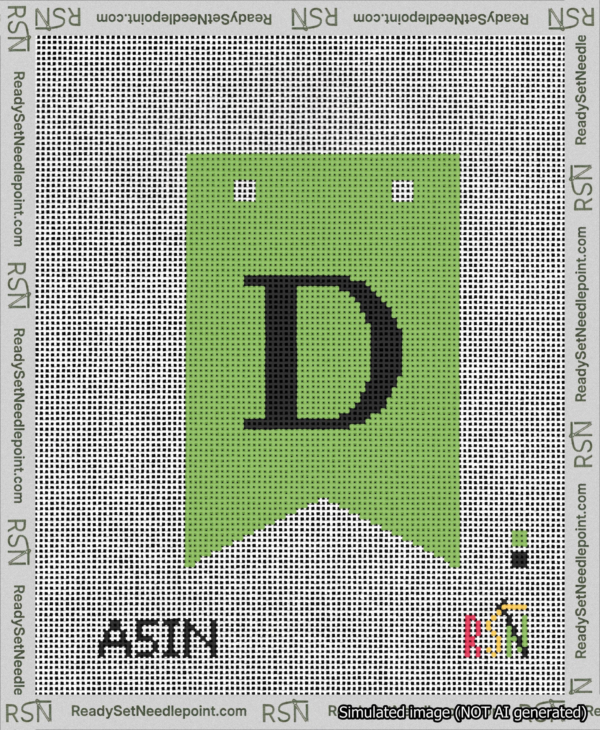 A taped needlepoint canvas with the design: Banner 13 mesh count Forked D Black on Light Green.