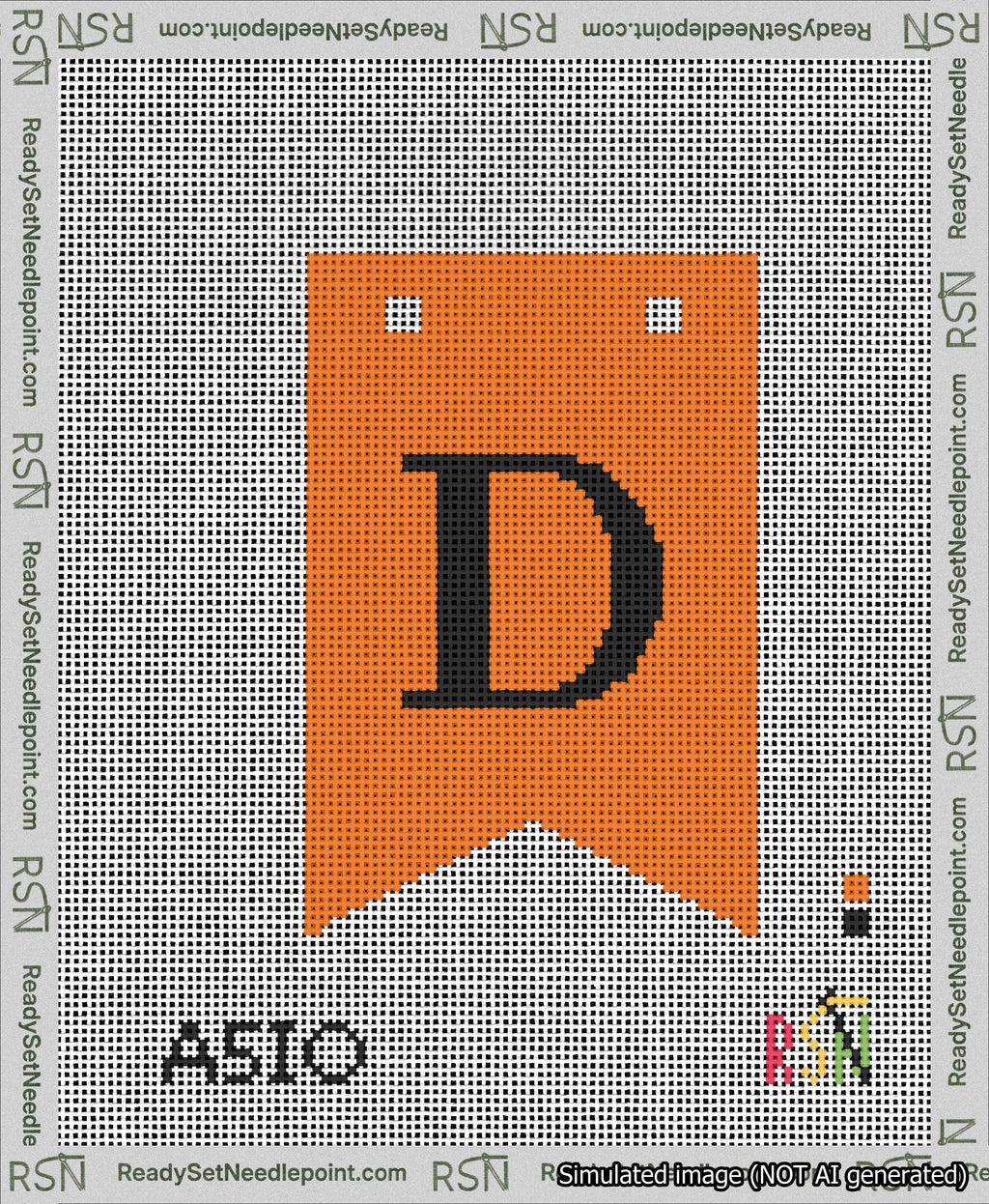 A taped needlepoint canvas with the design: Banner 13 mesh count Forked D Black on Orange.