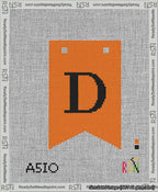 A taped needlepoint canvas with the design: Banner 13 mesh count Forked D Black on Orange.