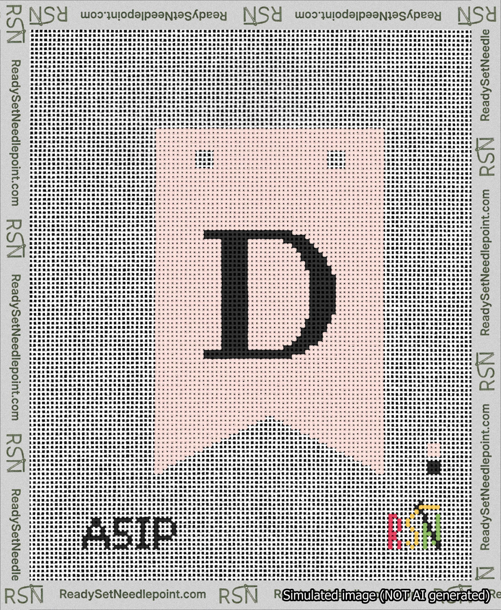 A taped needlepoint canvas with the design: Banner 13 mesh count Forked D Black on Pink.