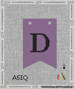 A taped needlepoint canvas with the design: Banner 13 mesh count Forked D Black on Purple.