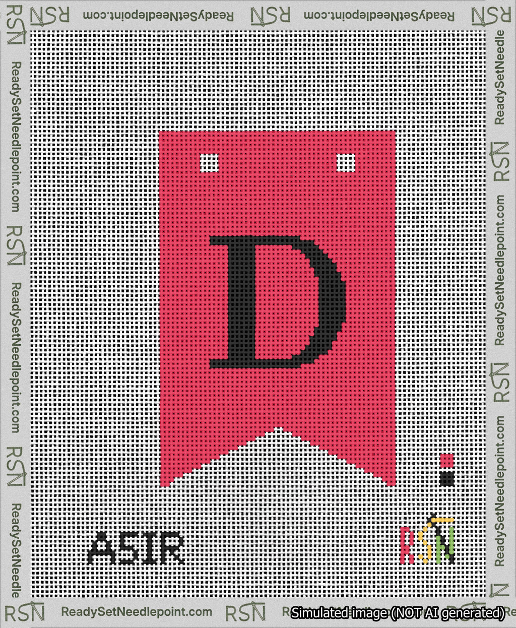 A taped needlepoint canvas with the design: Banner 13 mesh count Forked D Black on Red.
