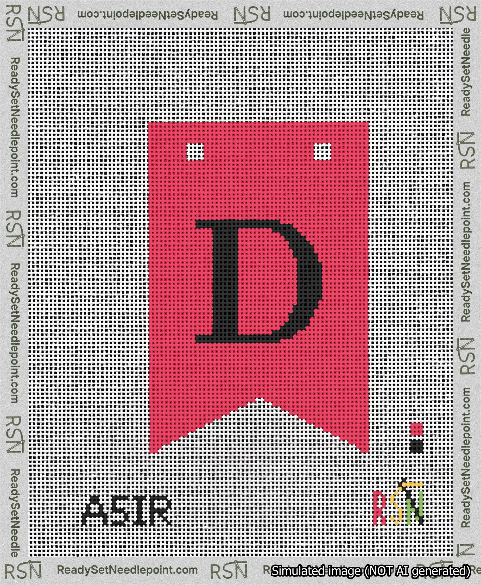 A taped needlepoint canvas with the design: Banner 13 mesh count Forked D Black on Red.