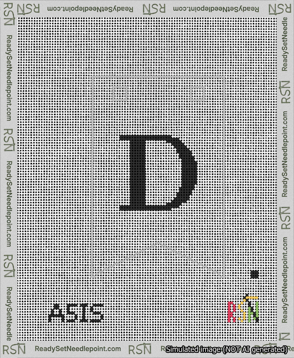 A taped needlepoint canvas with the design: Banner 13 mesh count Forked D Black on White.