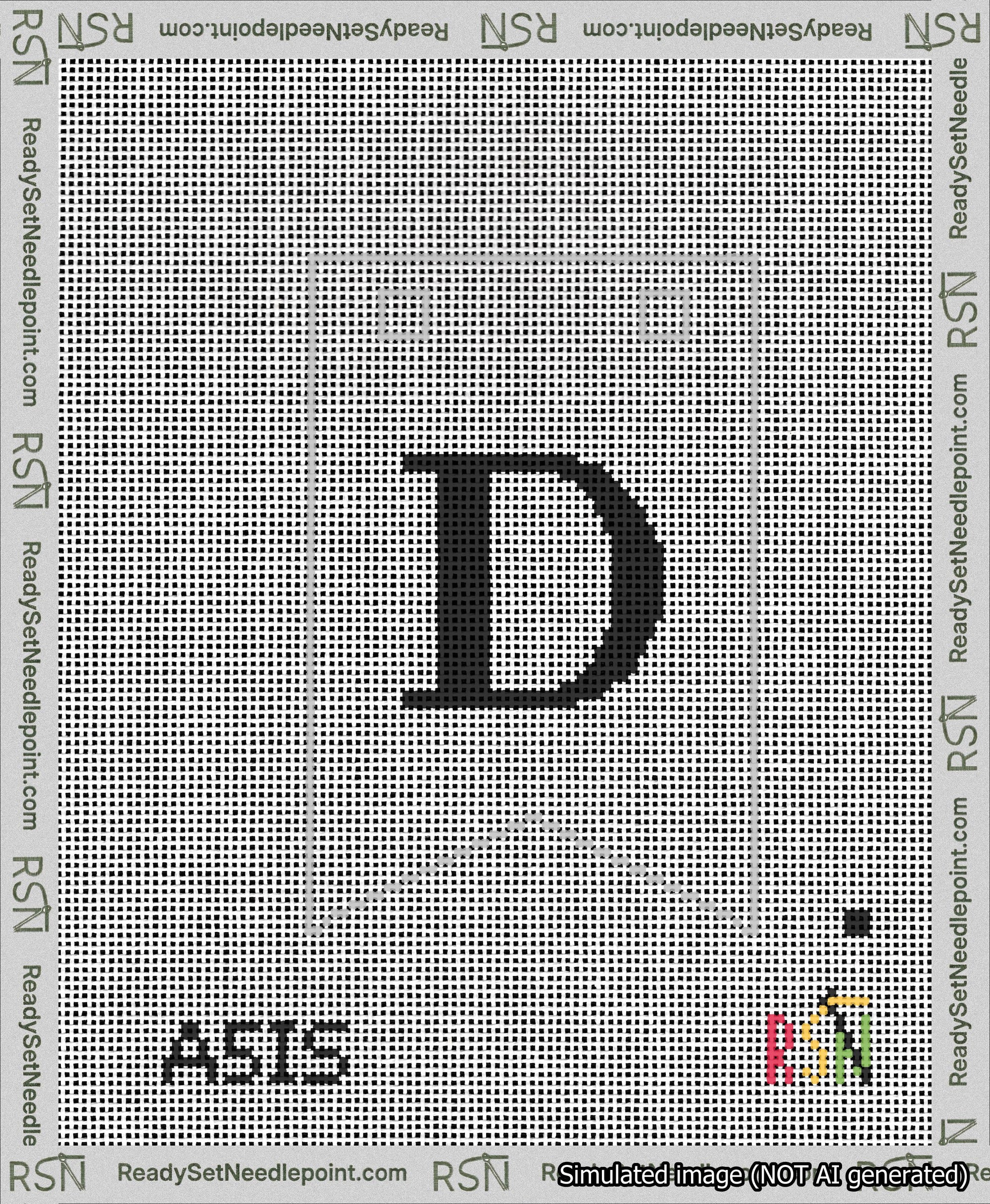 A taped needlepoint canvas with the design: Banner 13 mesh count Forked D Black on White.