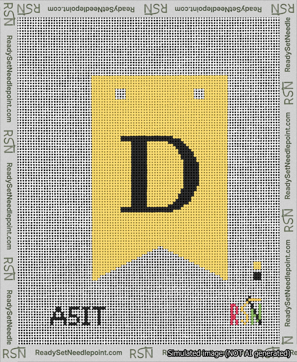 A taped needlepoint canvas with the design: Banner 13 mesh count Forked D Black on Yellow.