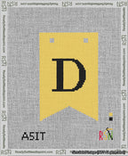 A taped needlepoint canvas with the design: Banner 13 mesh count Forked D Black on Yellow.