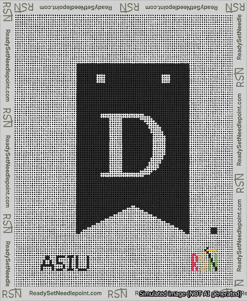 A taped needlepoint canvas with the design: Banner 13 mesh count Forked D White on Black.