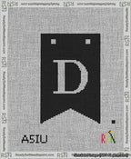 A taped needlepoint canvas with the design: Banner 13 mesh count Forked D White on Black.