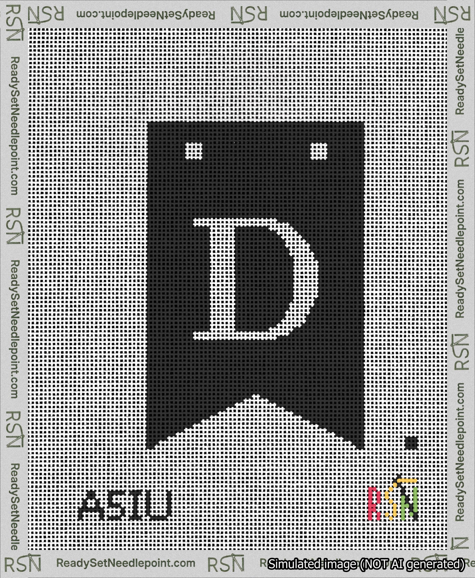 A taped needlepoint canvas with the design: Banner 13 mesh count Forked D White on Black.