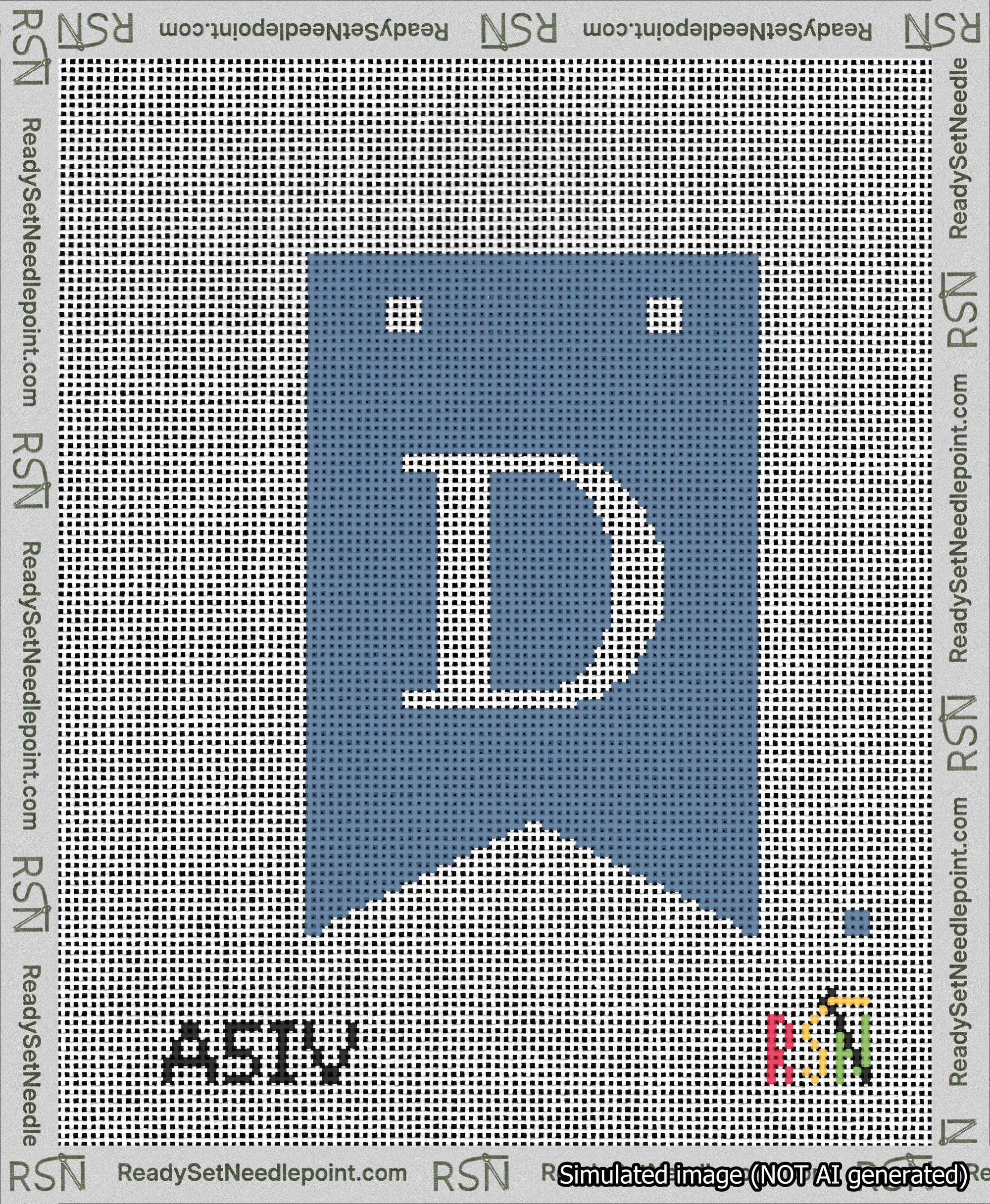 A taped needlepoint canvas with the design: Banner 13 mesh count Forked D White on Blue.