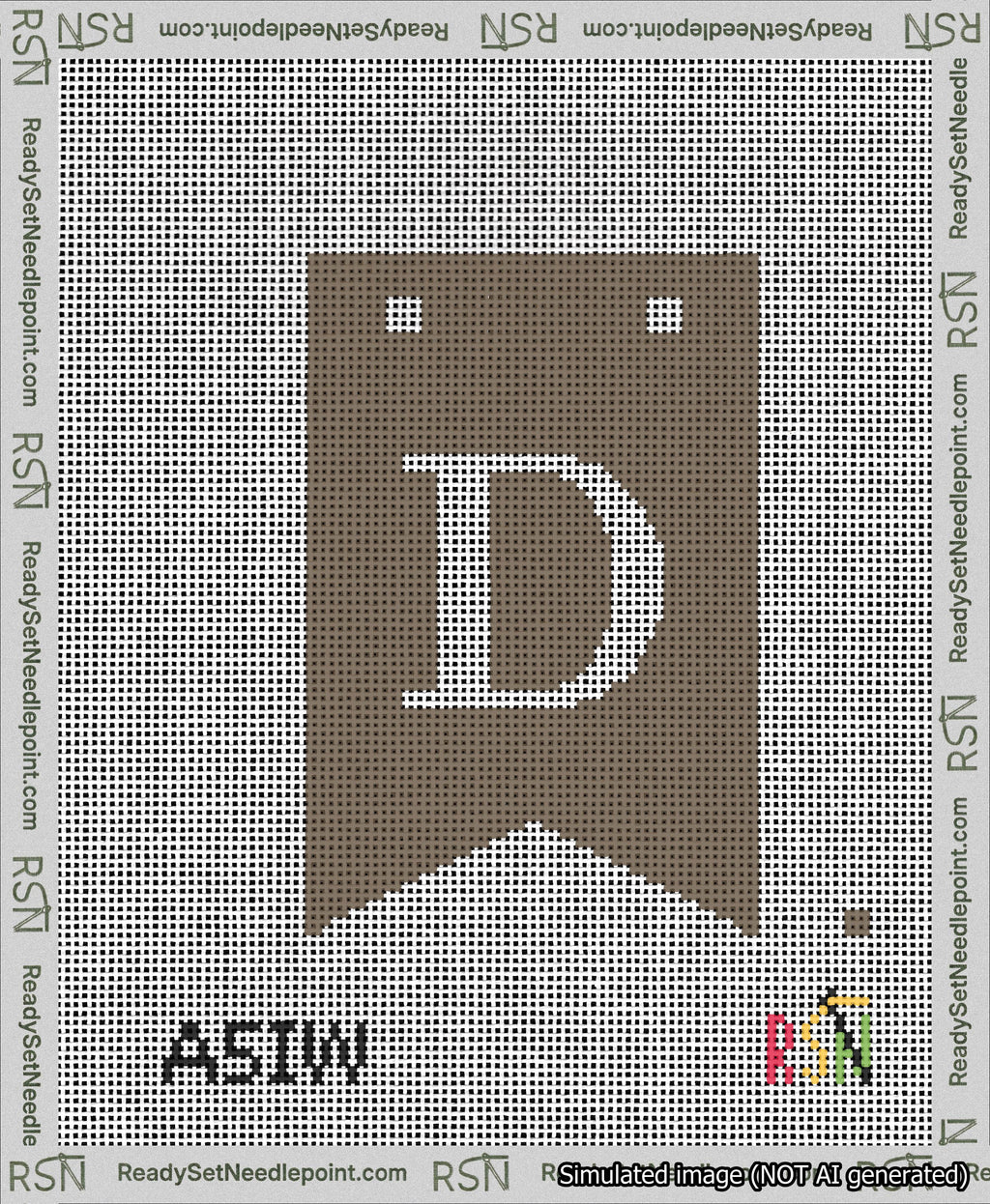 A taped needlepoint canvas with the design: Banner 13 mesh count Forked D White on Brown.