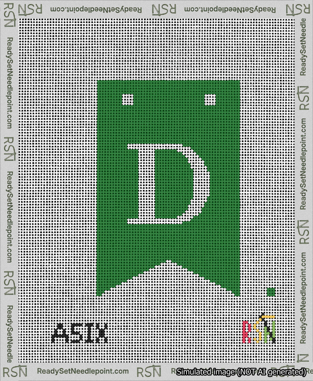 A taped needlepoint canvas with the design: Banner 13 mesh count Forked D White on Green.