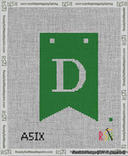 A taped needlepoint canvas with the design: Banner 13 mesh count Forked D White on Green.