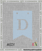 A taped needlepoint canvas with the design: Banner 13 mesh count Forked D White on Light Blue.