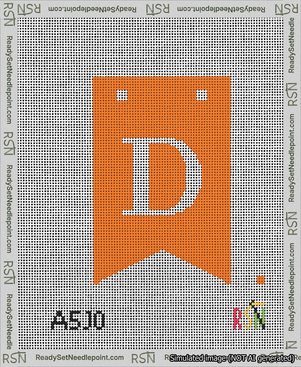 A taped needlepoint canvas with the design: Banner 13 mesh count Forked D White on Orange.