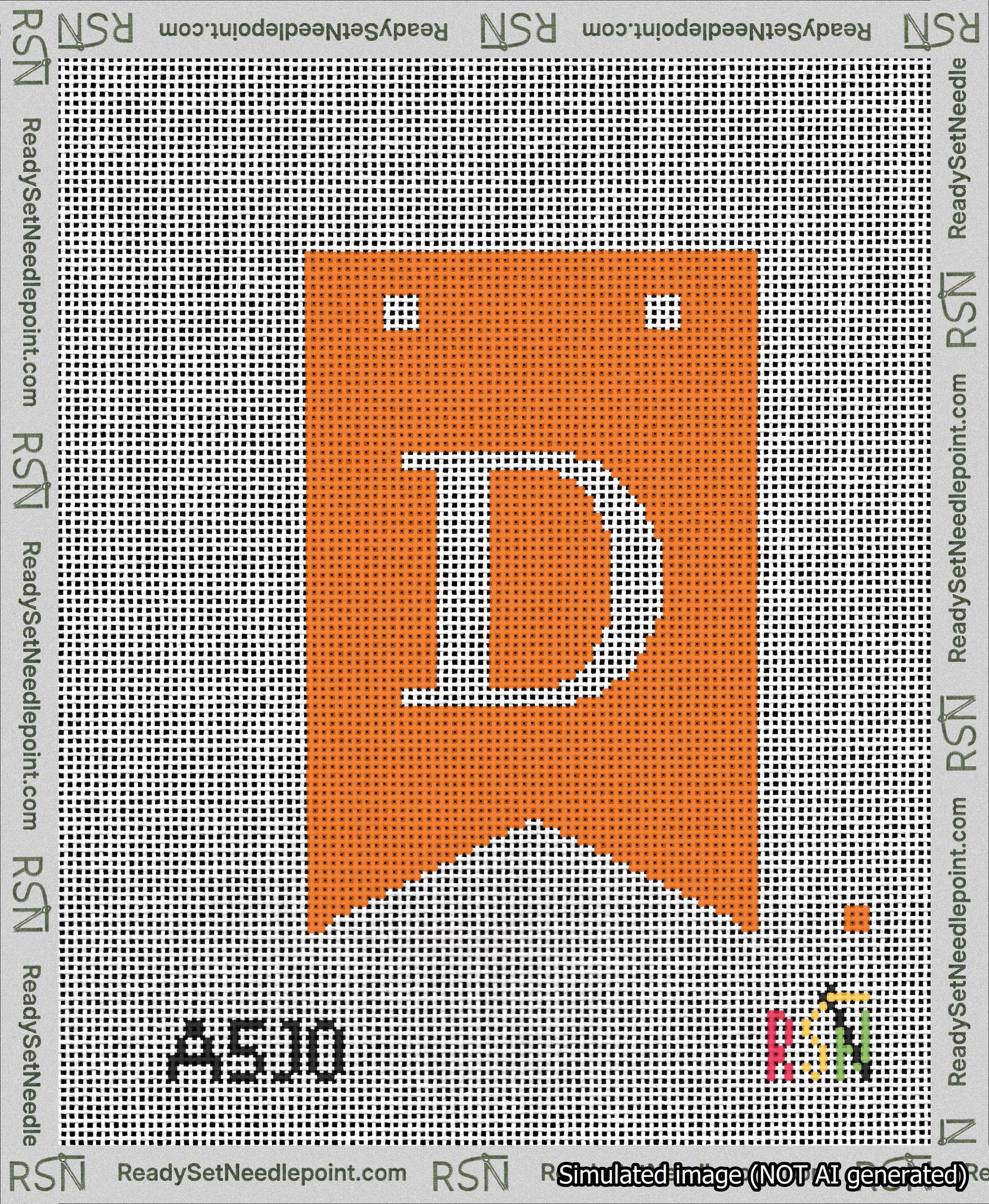 A taped needlepoint canvas with the design: Banner 13 mesh count Forked D White on Orange.