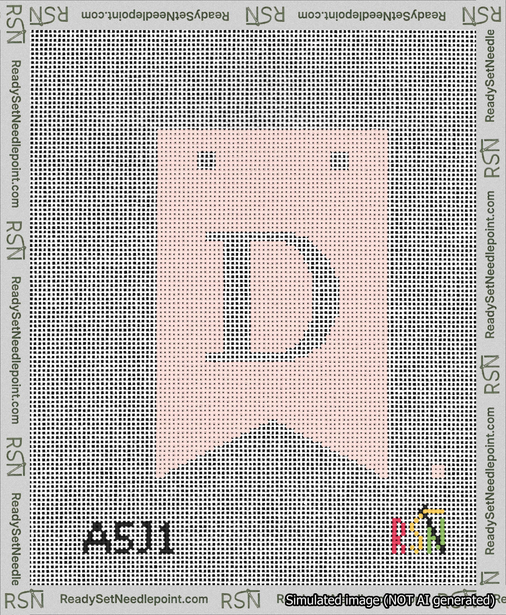 A taped needlepoint canvas with the design: Banner 13 mesh count Forked D White on Pink.