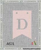 A taped needlepoint canvas with the design: Banner 13 mesh count Forked D White on Pink.