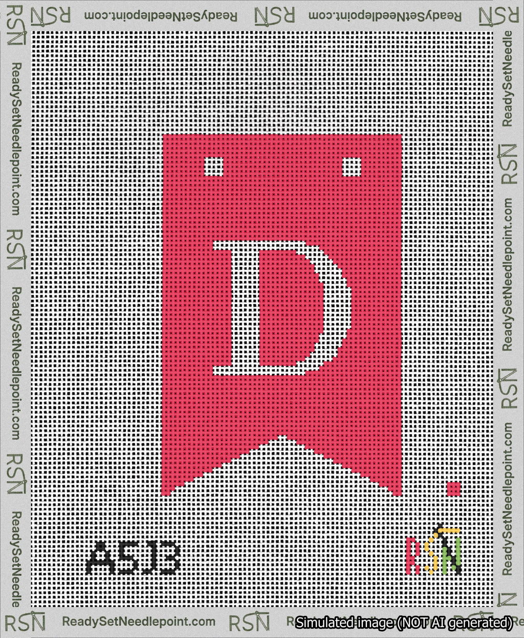 A taped needlepoint canvas with the design: Banner 13 mesh count Forked D White on Red.