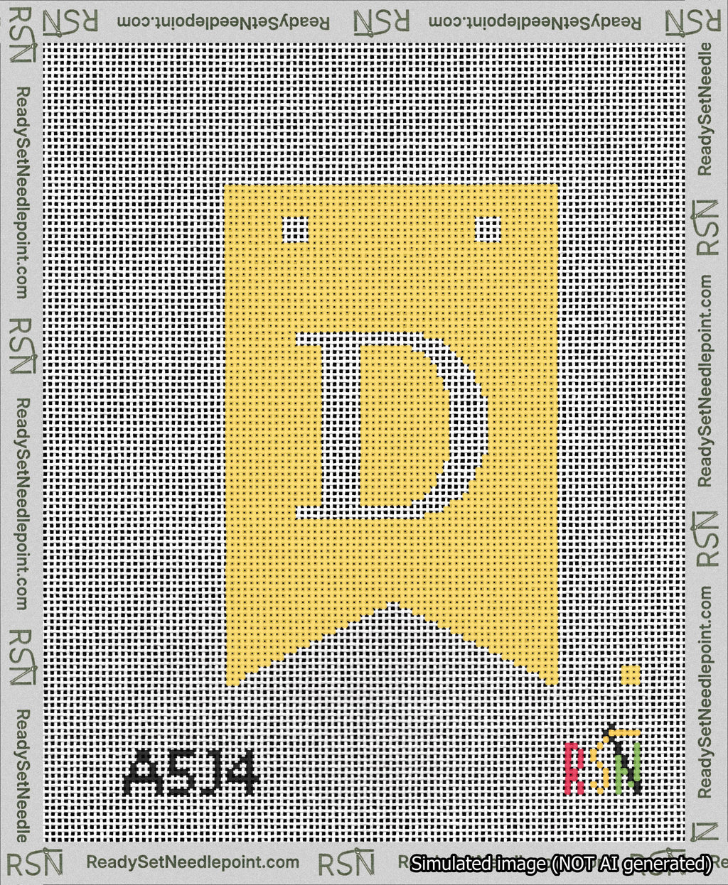 A taped needlepoint canvas with the design: Banner 13 mesh count Forked D White on Yellow.