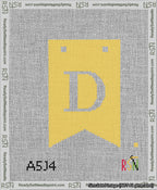 A taped needlepoint canvas with the design: Banner 13 mesh count Forked D White on Yellow.