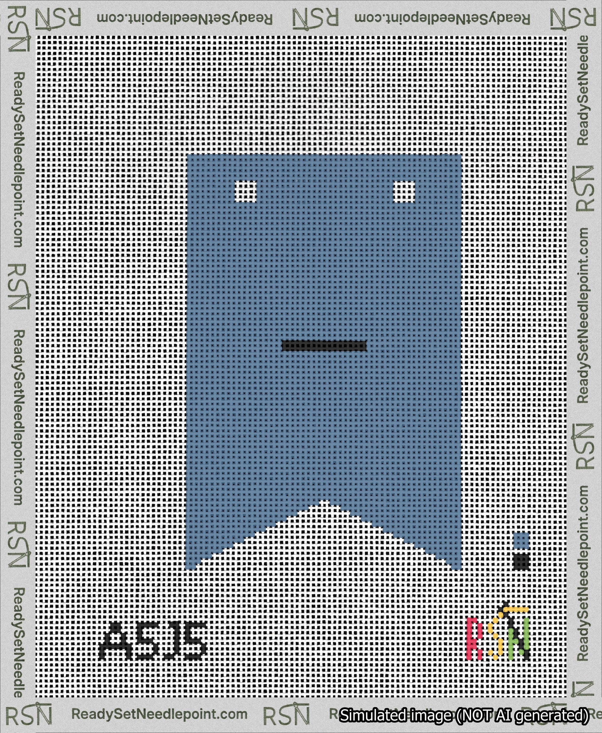 A taped needlepoint canvas with the design: Banner 13 mesh count Forked Dash Black on Blue.