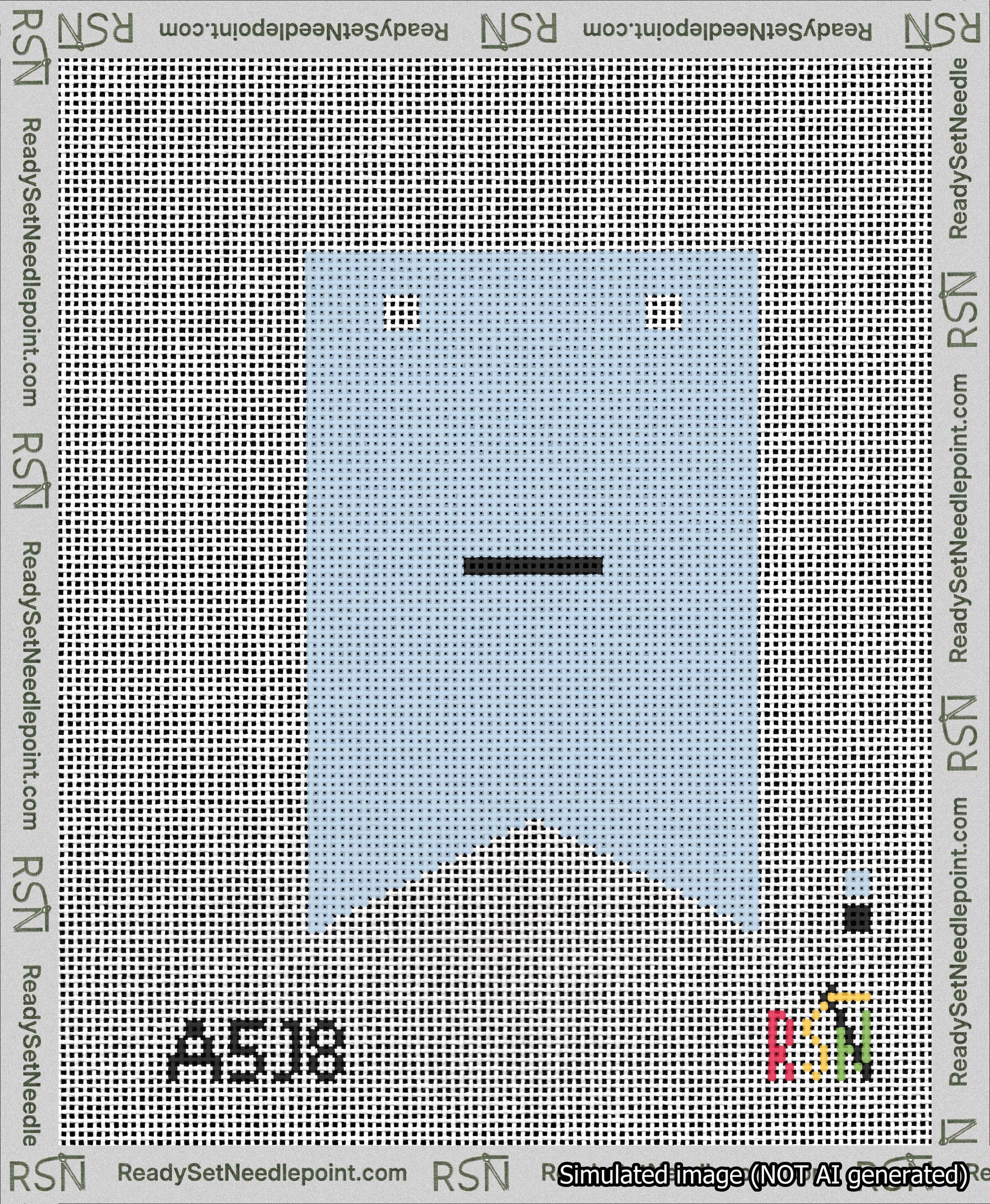 A taped needlepoint canvas with the design: Banner 13 mesh count Forked Dash Black on Light Blue.