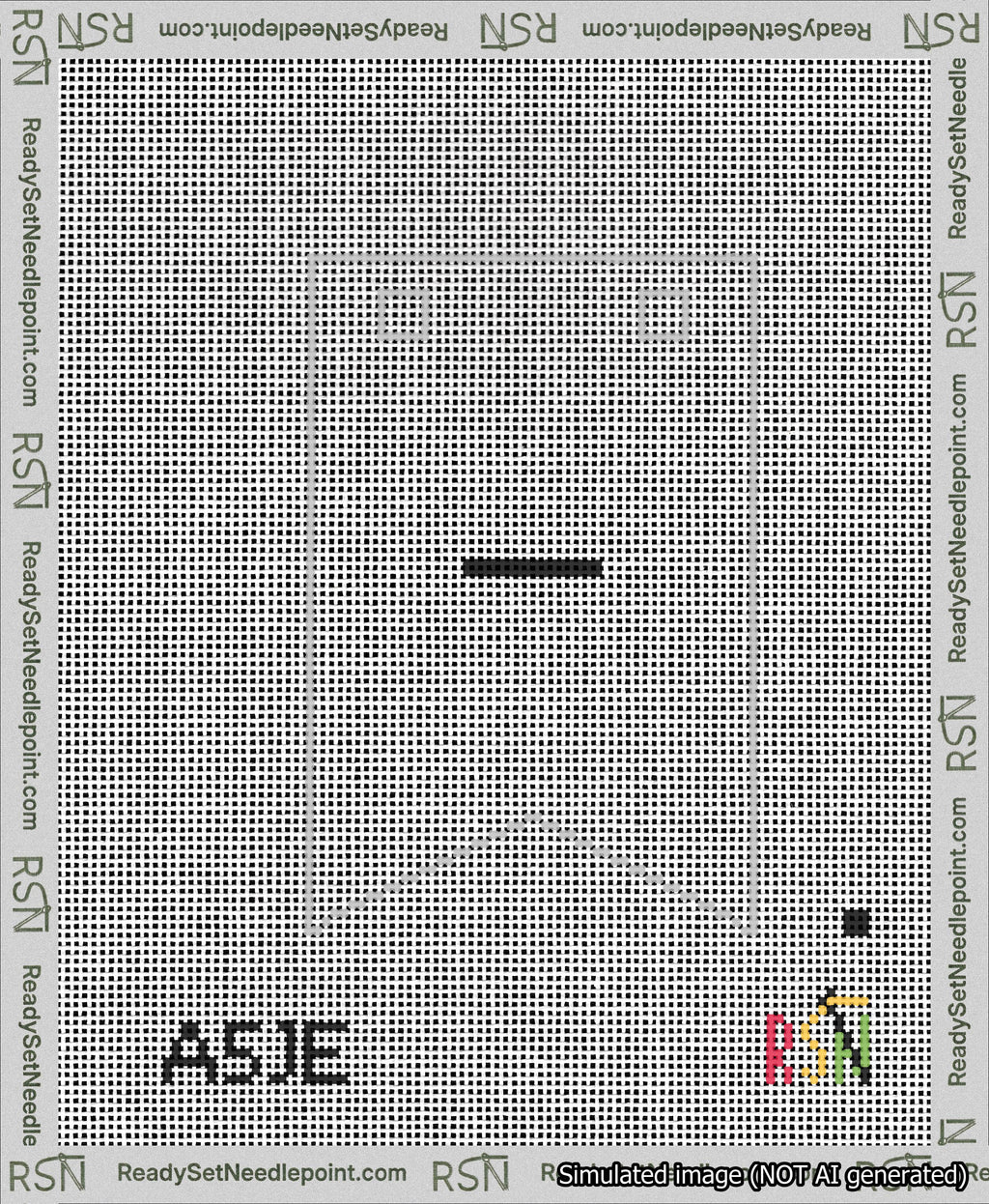 A taped needlepoint canvas with the design: Banner 13 mesh count Forked Dash Black on White.