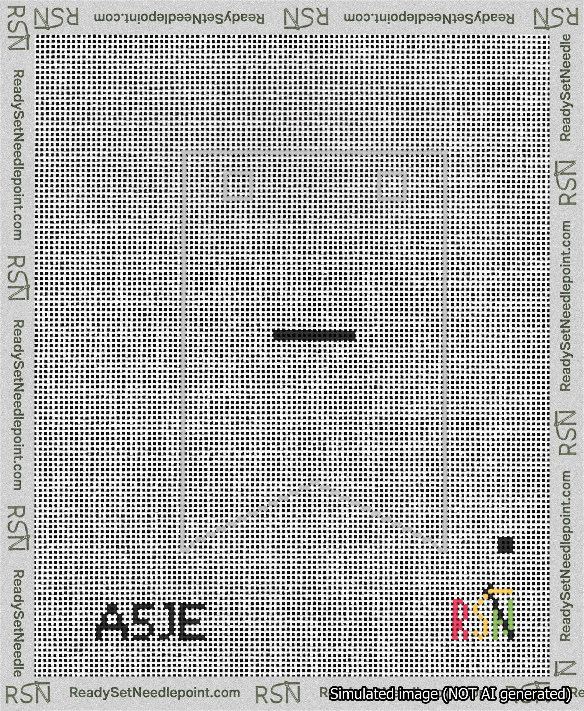 A taped needlepoint canvas with the design: Banner 13 mesh count Forked Dash Black on White.