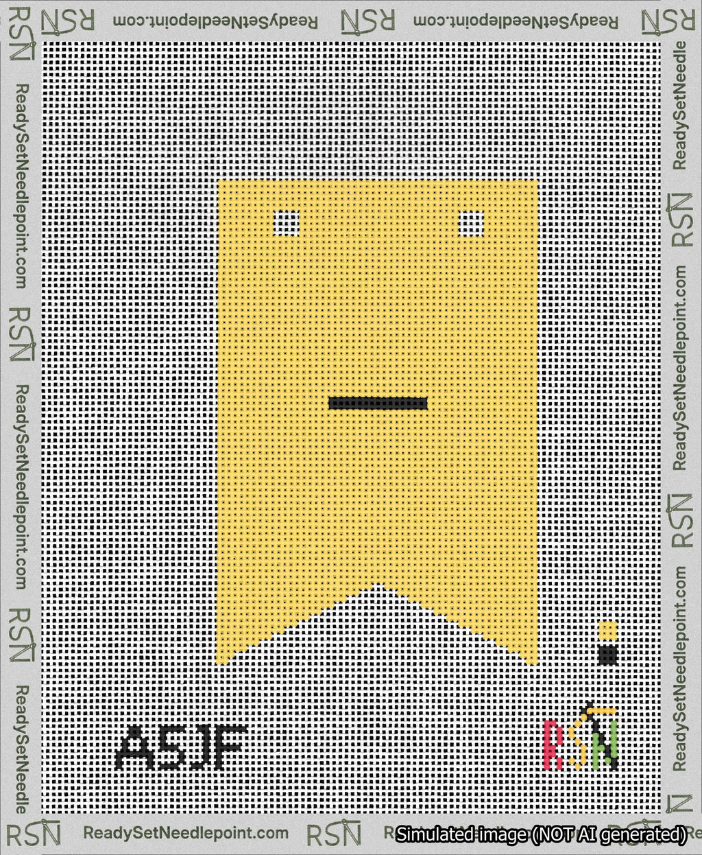 A taped needlepoint canvas with the design: Banner 13 mesh count Forked Dash Black on Yellow.