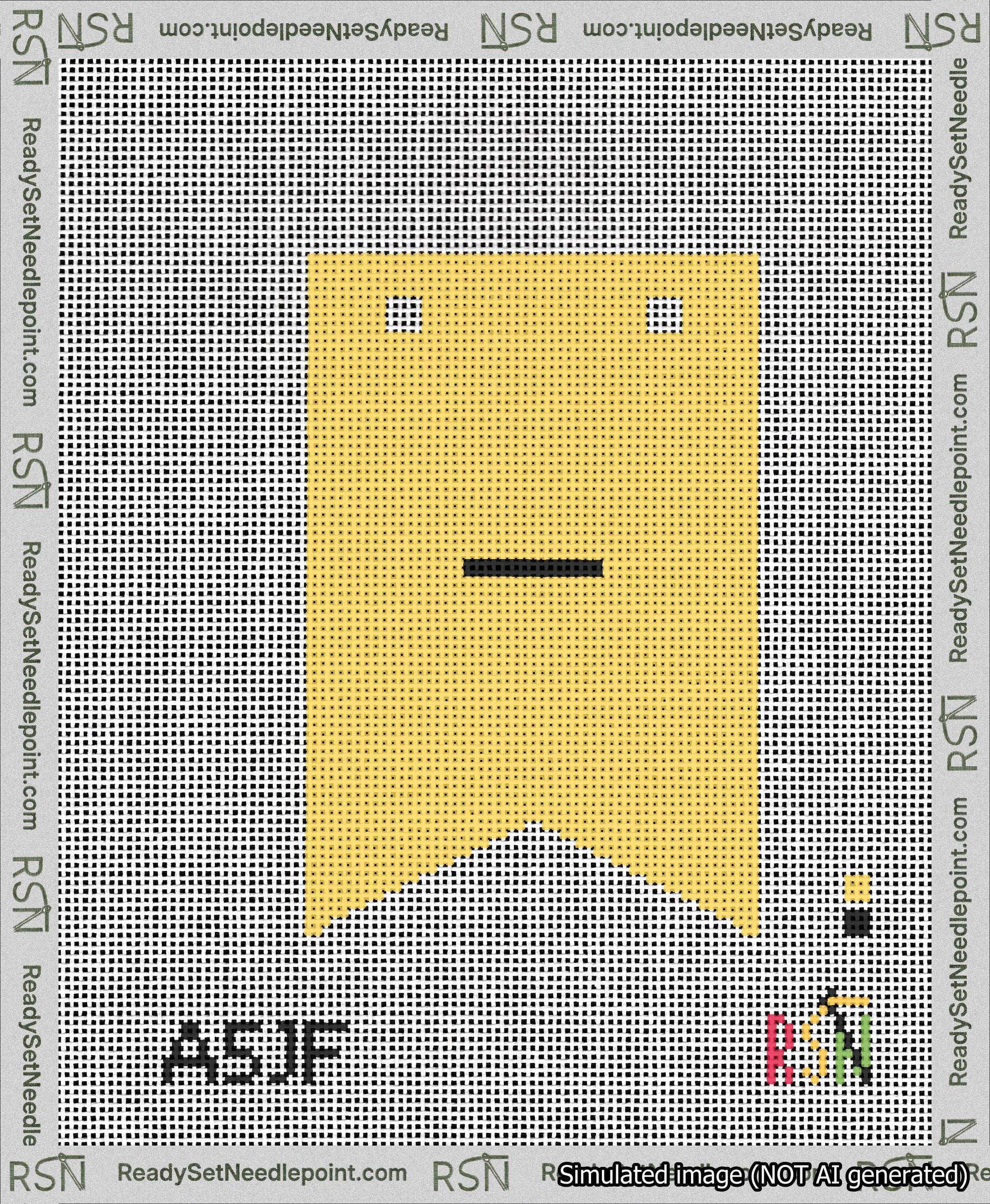 A taped needlepoint canvas with the design: Banner 13 mesh count Forked Dash Black on Yellow.