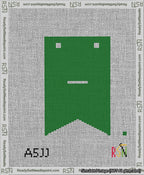 A taped needlepoint canvas with the design: Banner 13 mesh count Forked Dash White on Green.
